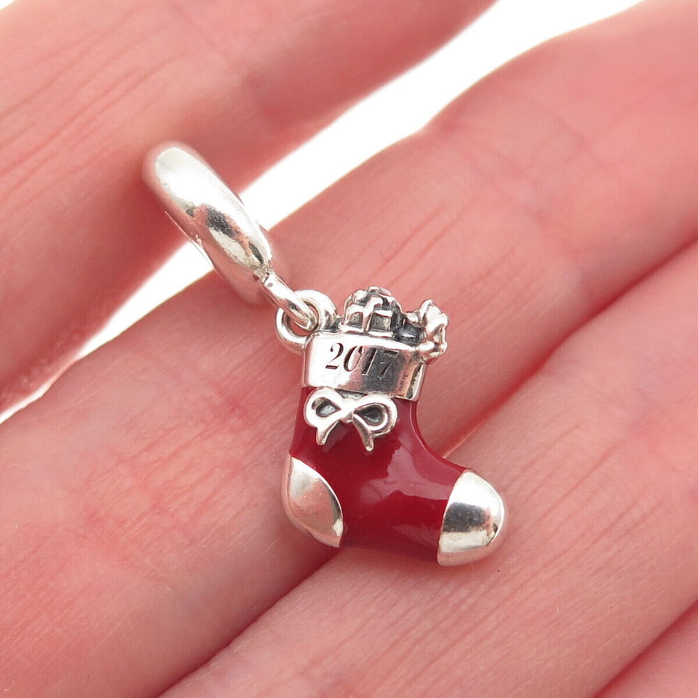 PANDORA 925 Sterling Silver Enamel 2017 Christmas Stocking Dangle Charm